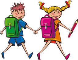 Eine Zeichnung einer Schülerin und eines Schülers mit Schultaschen auf den Weg zur Schule